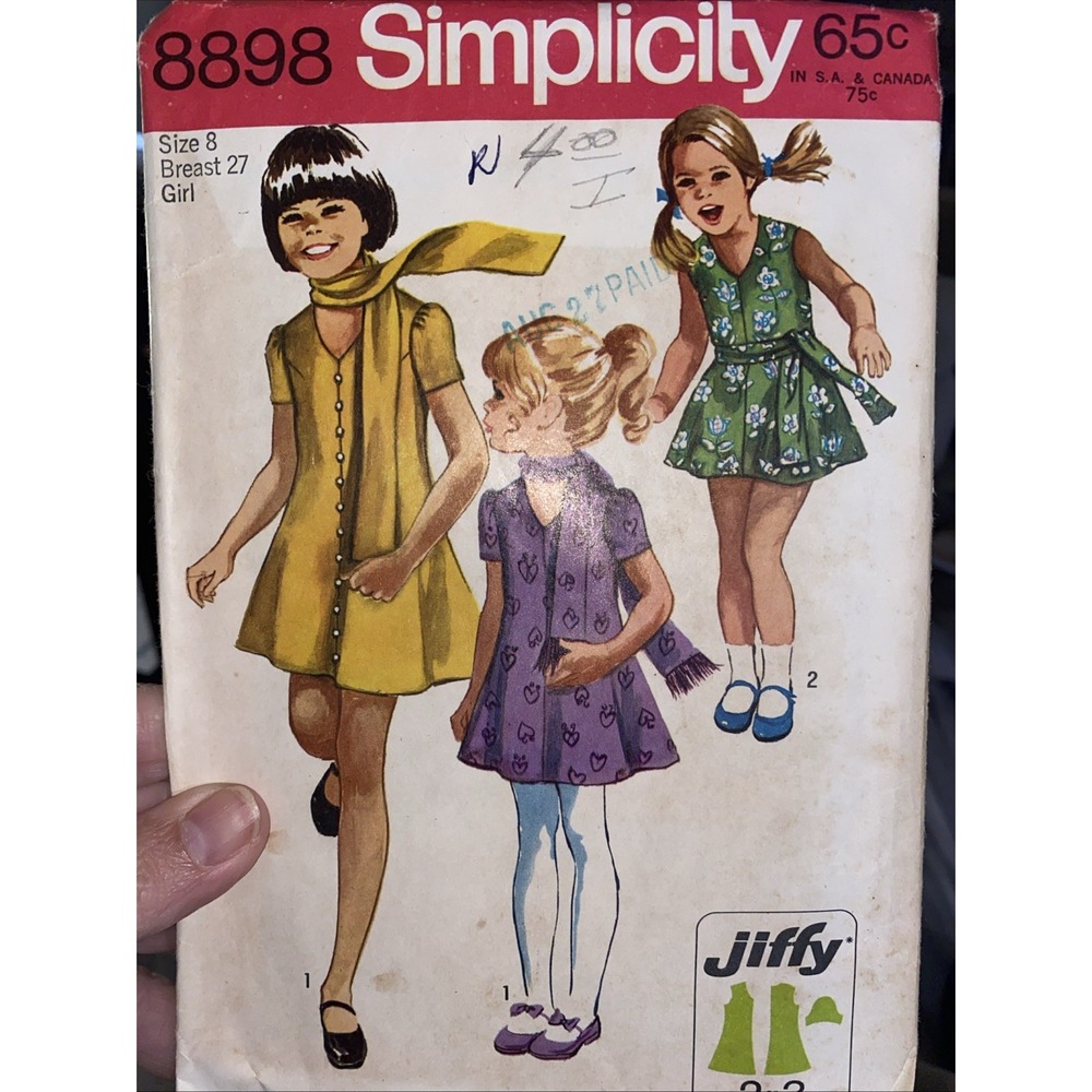 Vintage 1970 Simplicity 8898 Sewing Pattern Size 8 Girls Jiffy Dress Scarf Cut